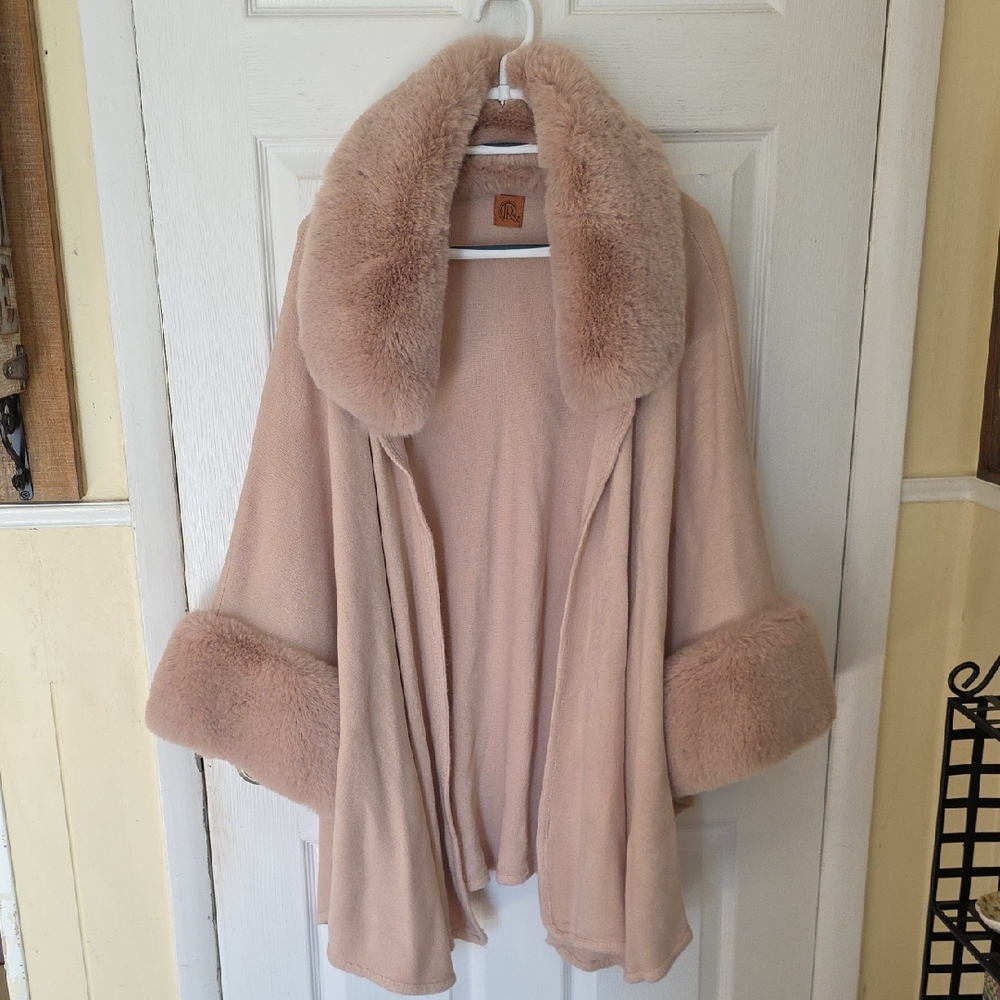 Cape/ Kimono/ Poncho/ Shawl Blush with Faux Fur Trim- Womens- One Size